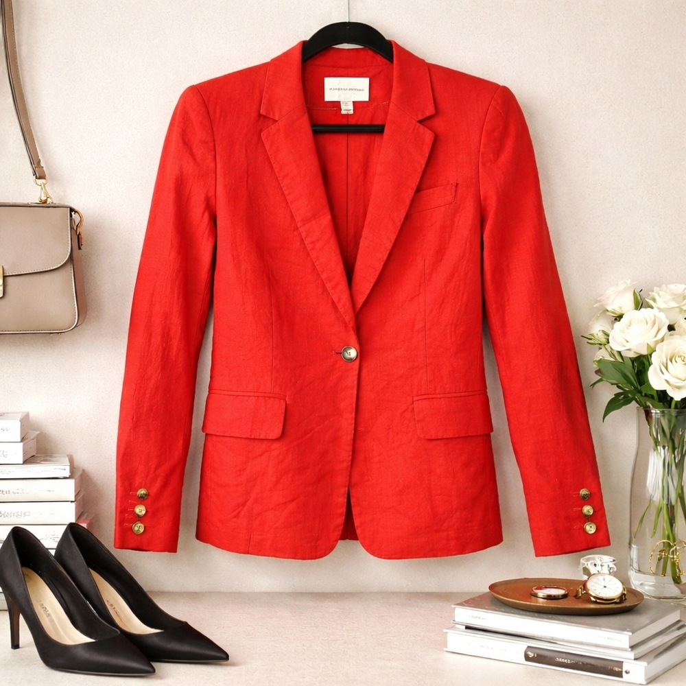 Adrienne Vittadini Red Linen Blend Blazer M Tailored Office Jacket